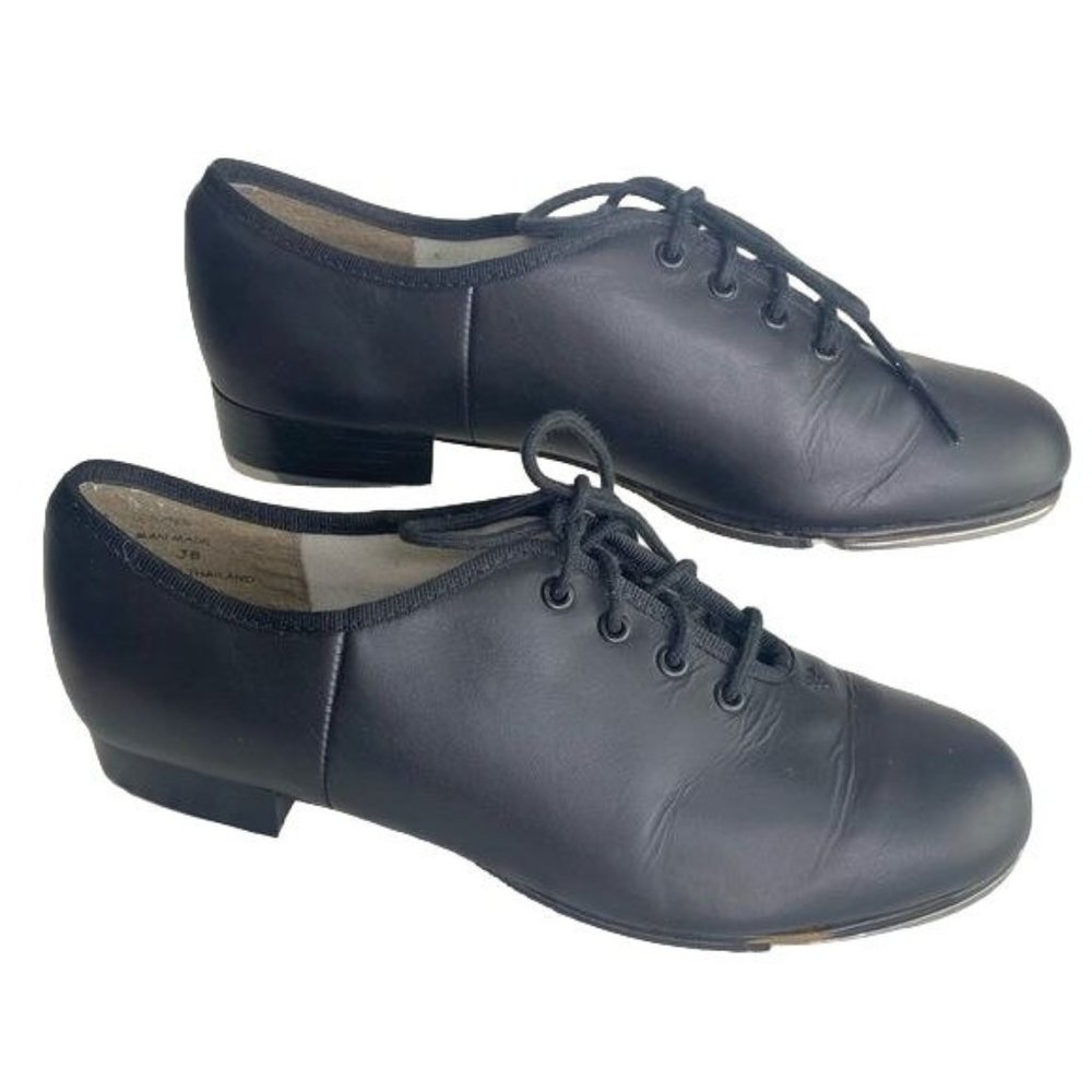 Capezio ladies tap dance shoes lace up black size 7.5 genuine leather upper